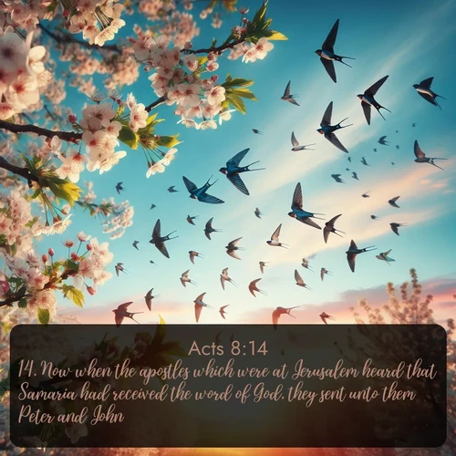 citation biblique : 14. Now when the apostles which were at Jerusalem heard that Samaria had received the word of God, they sent unto them Peter and John:
 sur fond image nature