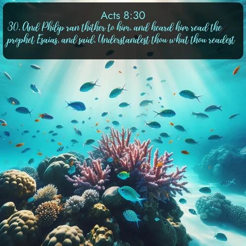 citation biblique : 30. And Philip ran thither to him, and heard him read the prophet Esaias, and said, Understandest thou what thou readest?
 sur fond image nature