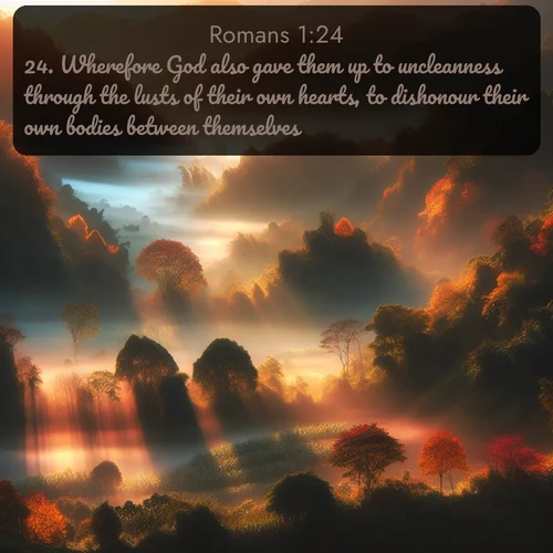 KJV Romans  ; image nature: image with the bible verse :Wherefore God also gave them up to uncleanness through the lusts of their own hearts, to dishonour their own bodies between themselves: ; Explore a winter collection of Bible verse images adorned with photos of icy landscapes, frozen waterfalls, and snow-covered forests. These scenes capture divine tranquility and purity. Download inspiring verses like KJV Romans 1:24. Current verse is overlayed with the thematic nature scene : Autumn mist rises from warming morning valleys. ; 1:24