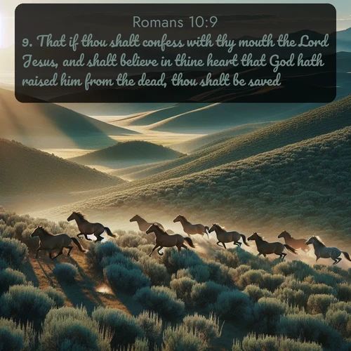 citation biblique : 9. That if thou shalt confess with thy mouth the Lord Jesus, and shalt believe in thine heart that God hath raised him from the dead, thou shalt be saved.
 sur fond image nature