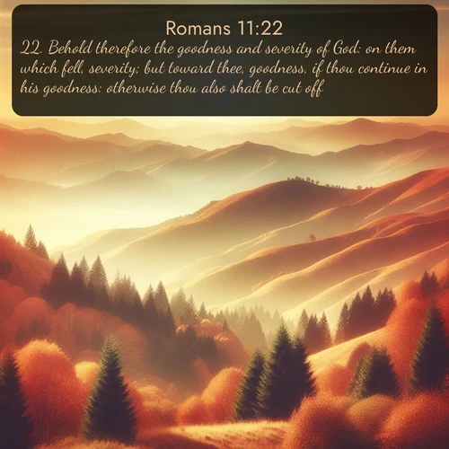 citation biblique : 22. Behold therefore the goodness and severity of God: on them which fell, severity; but toward thee, goodness, if thou continue in his goodness: otherwise thou also shalt be cut off.
 sur fond image nature