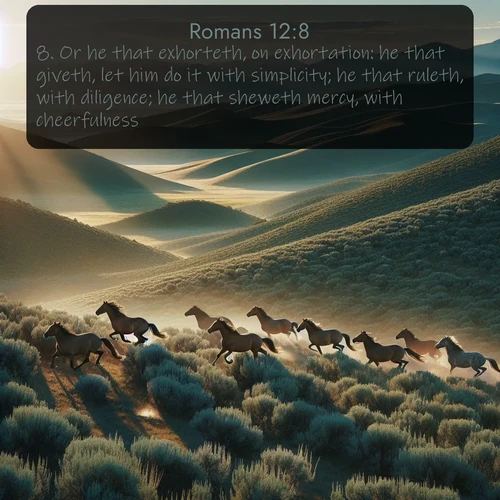 citation biblique : 8. Or he that exhorteth, on exhortation: he that giveth, let him do it with simplicity; he that ruleth, with diligence; he that sheweth mercy, with cheerfulness.
 sur fond image nature