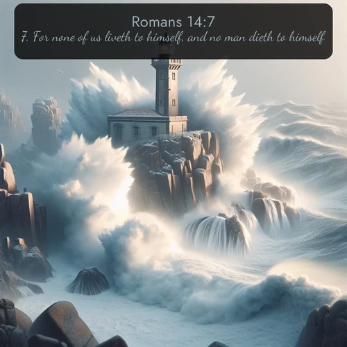 citation biblique : 7. For none of us liveth to himself, and no man dieth to himself.
 sur fond image nature