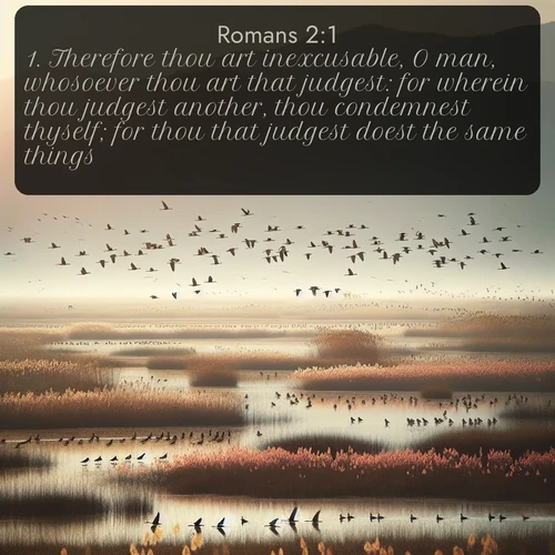 citation biblique : 1. Therefore thou art inexcusable, O man, whosoever thou art that judgest: for wherein thou judgest another, thou condemnest thyself; for thou that judgest doest the same things.
 sur fond image nature