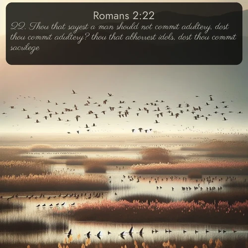 KJV Romans 2:22 overlaying nature image scene: Spring migration fills marshlands with calling birds.;22. Thou that sayest a man should not commit adultery, dost thou commit adultery? thou that abhorrest idols, dost thou commit sacrilege?
