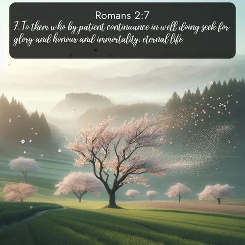 citation biblique : 7. To them who by patient continuance in well doing seek for glory and honour and immortality, eternal life:
 sur fond image nature