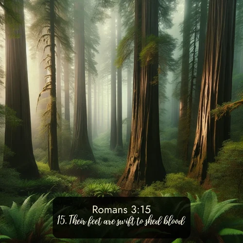 KJV Romans  ; image nature: image with the bible verse :Their feet are swift to shed blood: ; Admire Bible verse images capturing the beauty of beaches, with turquoise waters, palm trees, and peaceful shores. These soothing scenes reflect God&#039;s serenity and majesty. Download and share verses like KJV Romans 3:15. Current verse is overlayed with the thematic nature scene : Coastal redwoods disappear into the fog high above a fern grove. ; 3:15