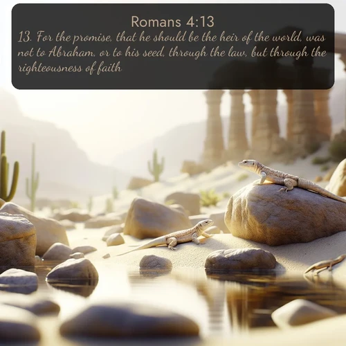 citation biblique : 13. For the promise, that he should be the heir of the world, was not to Abraham, or to his seed, through the law, but through the righteousness of faith.
 sur fond image nature