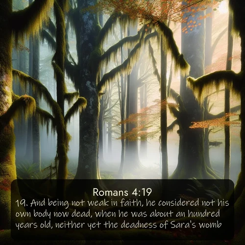 KJV Romans  ; image nature: image with the bible verse :And being not weak in faith, he considered not his own body now dead, when he was about an hundred years old, neither yet the deadness of Sara&#039;s womb: ; Browse our collection of vibrant Bible verse images set against calming backdrops like tropical shores, quiet woods, and majestic mountains. Download free wallpapers featuring KJV Romans 4:19. Current verse is overlayed with the thematic nature scene : Autumn fog shrouds an old-growth forest draped in moss and lichen. ; 4:19