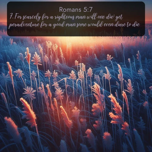 citation biblique : 7. For scarcely for a righteous man will one die: yet peradventure for a good man some would even dare to die.
 sur fond image nature