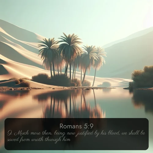 citation biblique : 9. Much more then, being now justified by his blood, we shall be saved from wrath through him.
 sur fond image nature