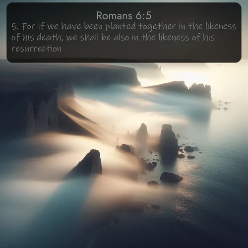 citation biblique : 5. For if we have been planted together in the likeness of his death, we shall be also in the likeness of his resurrection:
 sur fond image nature