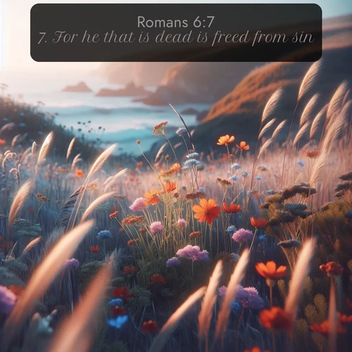 citation biblique : 7. For he that is dead is freed from sin.
 sur fond image nature