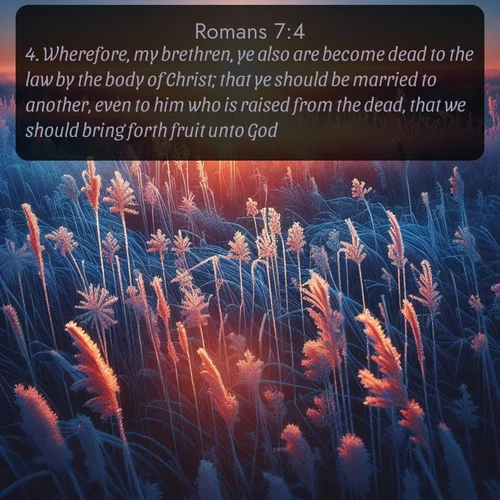 KJV Romans 7:4 overlaying nature image scene: Winter sunrise illuminates frost-covered prairie grass.;4. Wherefore, my brethren, ye also are become dead to the law by the body of Christ; that ye should be married to another, even to him who is raised from the dead, that we should bring forth fruit unto God.