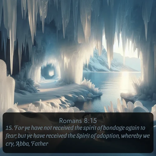 KJV Romans  ; image nature: image with the bible verse :For ye have not received the spirit of bondage again to fear; but ye have received the Spirit of adoption, whereby we cry, Abba, Father. ; Discover a unique collection of Bible verses adorned with winter landscapes, such as snow-covered forests, gently falling snowflakes, and pristine mountains. These images evoke the peace and purity of God&#039;s creation. Share verses like KJV Romans 8:15. Current verse is overlayed with the thematic nature scene : Winter ice forms crystal caves along lake cliffs. ; 8:15