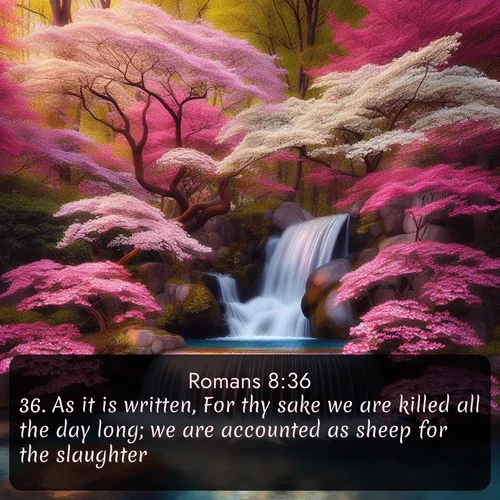 KJV Romans  ; image nature: image with the bible verse :As it is written, For thy sake we are killed all the day long; we are accounted as sheep for the slaughter. ; Browse an inspiring gallery of Bible verse images with nature photos, such as blooming gardens, golden deserts, and shaded forests. The chosen images capture the peaceful and joyful essence of God&#039;s creation, with vibrant colors and harmonious fonts. Share verses like KJV Romans 8:36. Current verse is overlayed with the thematic nature scene : A spring cascade plunges into a pool surrounded by flowering dogwood. ; 8:36