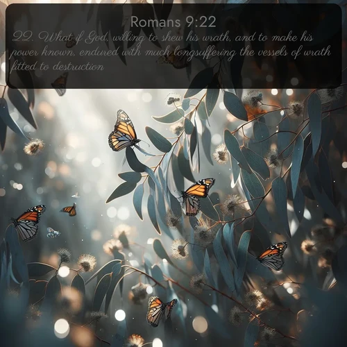 KJV Romans 9:22 overlaying nature image scene: Monarch butterflies cluster on eucalyptus branches in winter sun.;22. What if God, willing to shew his wrath, and to make his power known, endured with much longsuffering the vessels of wrath fitted to destruction: