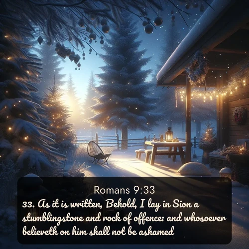 KJV Romans 9:33 overlaying nature image scene: Winter silence falls with evening snow.;33. As it is written, Behold, I lay in Sion a stumblingstone and rock of offence: and whosoever believeth on him shall not be ashamed.