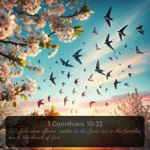 citation biblique : 32. Give none offence, neither to the Jews, nor to the Gentiles, nor to the church of God:
 sur fond image nature