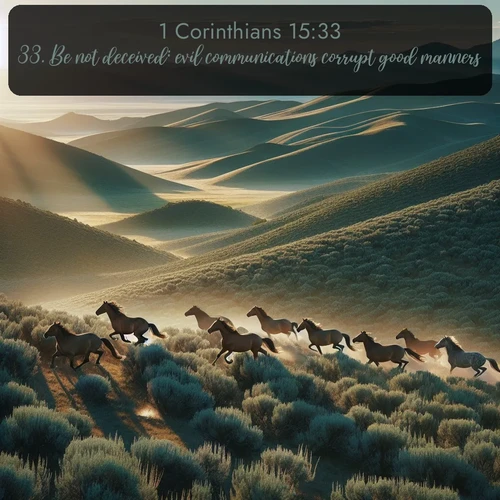 KJV 1 Corinthians  ; image nature: image with the bible verse :Be not deceived: evil communications corrupt good manners. ; Dive into a gallery of Bible verses illustrated by tropical beach scenes, featuring sparkling waves, seashells, and radiant sunrises. These images evoke divine peace and joy. Download and share inspiring verses like KJV 1 Corinthians 15:33. Current verse is overlayed with the thematic nature scene : Wild mustangs gallop across sage-covered hills in the morning light. ; 15:33