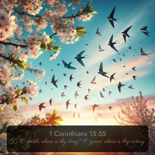 KJV 1 Corinthians  ; image nature: image with the bible verse :O death, where is thy sting? O grave, where is thy victory? ; Dive into our collection of Bible verse images beautifully illustrated with beach photos, featuring gentle waves, sunsets over the sea, and sandy shores. These scenes evoke the peace and majesty of God. Download and share inspiring verses like KJV 1 Corinthians 15:55. Current verse is overlayed with the thematic nature scene : Spring migration fills the sky with countless swallows. ; 15:55