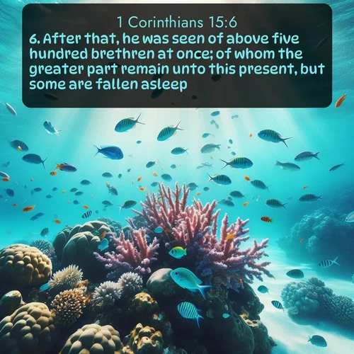 KJV 1 Corinthians  ; image nature: image with the bible verse :After that, he was seen of above five hundred brethren at once; of whom the greater part remain unto this present, but some are fallen asleep. ; Admire our gallery of Bible verse images showcasing divine beauty in nature—whether snowy peaks or serene oceans. Each image is freely downloadable and perfect for personal or spiritual use. Share verses like KJV 1 Corinthians 15:6. Current verse is overlayed with the thematic nature scene : Tropical fish dart through coral reefs in crystal-clear waters. ; 15:6