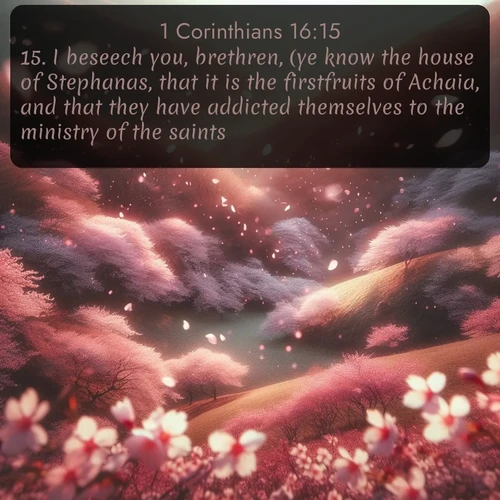 citation biblique : 15. I beseech you, brethren, (ye know the house of Stephanas, that it is the firstfruits of Achaia, and that they have addicted themselves to the ministry of the saints,)
 sur fond image nature