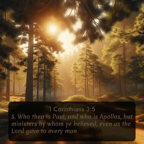 citation biblique : 5. Who then is Paul, and who is Apollos, but ministers by whom ye believed, even as the Lord gave to every man?
 sur fond image nature