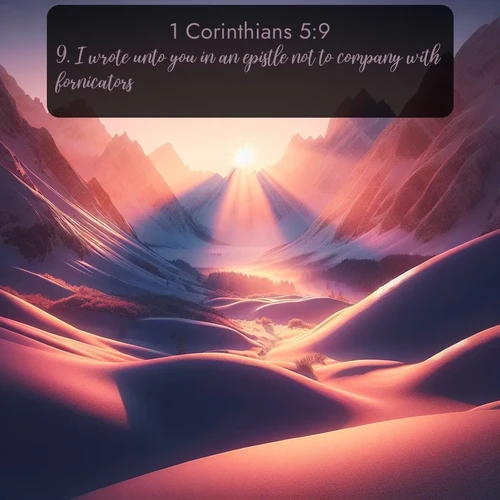 KJV 1 Corinthians  ; image nature: image with the bible verse :I wrote unto you in an epistle not to company with fornicators: ; Explore an inspiring selection of Bible verse images adorned with nature photos, such as starry skies, verdant hills, and golden beaches. Each image reflects the peace and beauty of God&#039;s creation with vibrant colors and varied fonts. Share uplifting verses like KJV 1 Corinthians 5:9. Current verse is overlayed with the thematic nature scene : Winter sunset paints snow-covered peaks in shades of rose and gold. ; 5:9