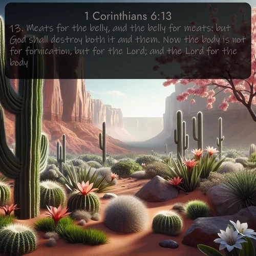 KJV 1 Corinthians  ; image nature: image with the bible verse :Meats for the belly, and the belly for meats: but God shall destroy both it and them. Now the body is not for fornication, but for the Lord; and the Lord for the body. ; Admire our autumnal collection of Bible verse images accompanied by photos of paths lined with red and yellow leaves, fiery forests, and calm rivers. These images inspire reflection and serenity. Share verses like KJV 1 Corinthians 6:13. Current verse is overlayed with the thematic nature scene : Desert cacti burst with spring blooms against red sandstone formations. ; 6:13