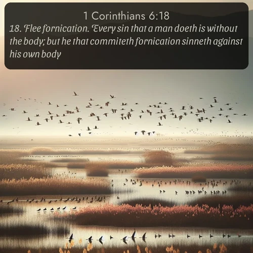 KJV 1 Corinthians  ; image nature: image with the bible verse :Flee fornication. Every sin that a man doeth is without the body; but he that commiteth fornication sinneth against his own body. ; Dive into our collection of Bible verses paired with coastal scenes, featuring calming waves, infinite beaches, and reflections of the sun on the water. These images evoke the peace and beauty of God. Share verses like KJV 1 Corinthians 6:18. Current verse is overlayed with the thematic nature scene : Spring migration fills marshlands with calling birds. ; 6:18