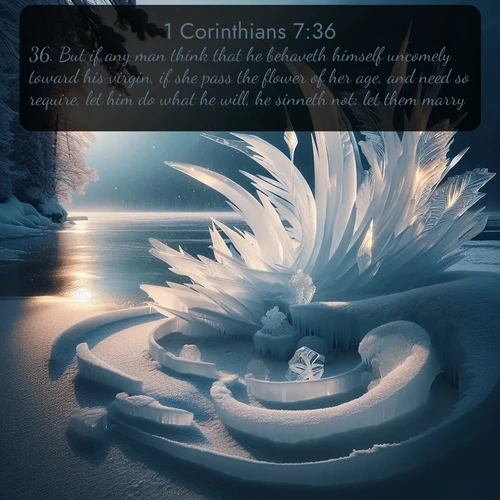 citation biblique : 36. But if any man think that he behaveth himself uncomely toward his virgin, if she pass the flower of her age, and need so require, let him do what he will, he sinneth not: let them marry.
 sur fond image nature