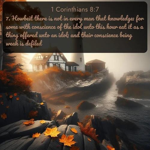 citation biblique : 7. Howbeit there is not in every man that knowledge: for some with conscience of the idol unto this hour eat it as a thing offered unto an idol; and their conscience being weak is defiled.
 sur fond image nature
