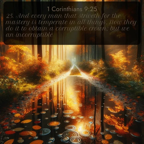KJV 1 Corinthians  ; image nature: image with the bible verse :And every man that striveth for the mastery is temperate in all things. Now they do it to obtain a corruptible crown; but we an incorruptible. ; Explore a unique collection of Bible verses illustrated by winter landscapes, such as snowy mountains, frosty forests, and starry skies. These images capture the peace and beauty of winter. Share verses like KJV 1 Corinthians 9:25. Current verse is overlayed with the thematic nature scene : Autumn colors reflect in rain puddles on a forest path. ; 9:25