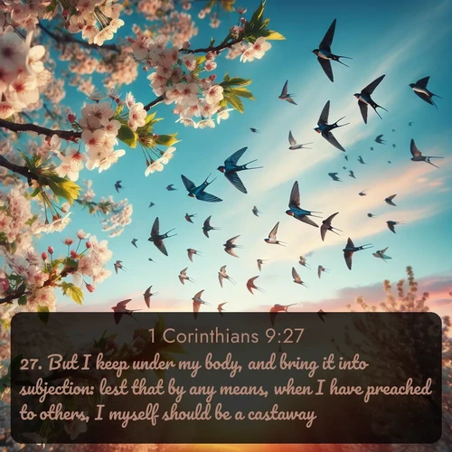 citation biblique : 27. But I keep under my body, and bring it into subjection: lest that by any means, when I have preached to others, I myself should be a castaway.
 sur fond image nature