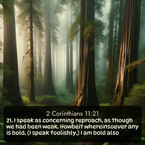 citation biblique : 21. I speak as concerning reproach, as though we had been weak. Howbeit whereinsoever any is bold, (I speak foolishly,) I am bold also.
 sur fond image nature