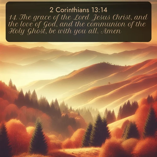 citation biblique : 14. The grace of the Lord Jesus Christ, and the love of God, and the communion of the Holy Ghost, be with you all. Amen.
 sur fond image nature