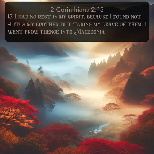 KJV 2 Corinthians  ; image nature: image with the bible verse :I had no rest in my spirit, because I found not Titus my brother: but taking my leave of them, I went from thence into Macedonia. ; Explore Bible verse images highlighting the beauty of spring, with vibrant flowers, butterflies, and blossoming fruit trees. These scenes evoke divine hope and renewal. Download inspiring verses like KJV 2 Corinthians 2:13. Current verse is overlayed with the thematic nature scene : Autumn mist rises from a valley dotted with red and gold maples. ; 2:13