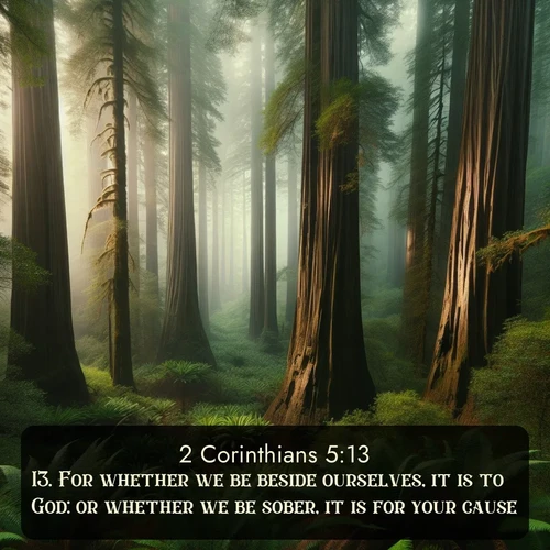 KJV 2 Corinthians  ; image nature: image with the bible verse :For whether we be beside ourselves, it is to God: or whether we be sober, it is for your cause. ; Explore winter-themed Bible verse images illustrated by snowy mountains, frost-covered branches, and clear skies. These landscapes reflect divine purity and peace. Download verses like KJV 2 Corinthians 5:13. Current verse is overlayed with the thematic nature scene : Coastal redwoods disappear into the fog high above a fern grove. ; 5:13