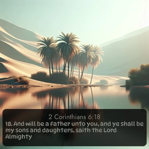 KJV 2 Corinthians  ; image nature: image with the bible verse :And will be a Father unto you, and ye shall be my sons and daughters, saith the Lord Almighty. ; Download stunning Bible verse images paired with nature scenes like rolling clouds, sparkling waters, and vibrant flower fields. These free images are perfect for spiritual reflection or wallpaper use. Share KJV 2 Corinthians 6:18. Current verse is overlayed with the thematic nature scene : A desert oasis shimmers in the midday heat, palm fronds rustling above still waters. ; 6:18