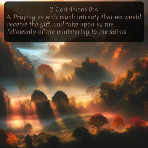 KJV 2 Corinthians  ; image nature: image with the bible verse :Praying us with much intreaty that we would receive the gift, and take upon us the fellowship of the ministering to the saints. ; Admire our gallery of Bible verse images showcasing divine beauty in nature—whether snowy peaks or serene oceans. Each image is freely downloadable and perfect for personal or spiritual use. Share verses like KJV 2 Corinthians 8:4. Current verse is overlayed with the thematic nature scene : Autumn mist rises from warming morning valleys. ; 8:4