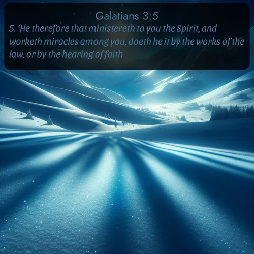 citation biblique : 5. He therefore that ministereth to you the Spirit, and worketh miracles among you, doeth he it by the works of the law, or by the hearing of faith?
 sur fond image nature