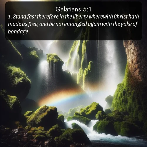 citation biblique : 1. Stand fast therefore in the liberty wherewith Christ hath made us free, and be not entangled again with the yoke of bondage.
 sur fond image nature