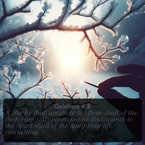 citation biblique : 8. For he that soweth to his flesh shall of the flesh reap corruption; but he that soweth to the Spirit shall of the Spirit reap life everlasting.
 sur fond image nature