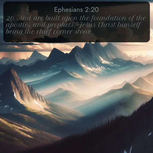 citation biblique : 20. And are built upon the foundation of the apostles and prophets, Jesus Christ himself being the chief corner stone;
 sur fond image nature