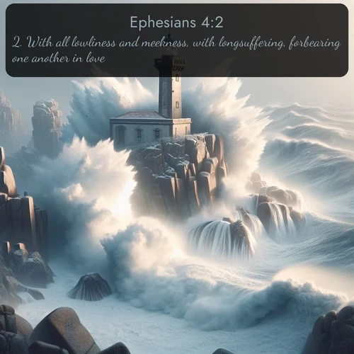 citation biblique : 2. With all lowliness and meekness, with longsuffering, forbearing one another in love;
 sur fond image nature