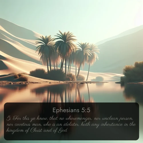 citation biblique : 5. For this ye know, that no whoremonger, nor unclean person, nor covetous man, who is an idolater, hath any inheritance in the kingdom of Christ and of God.
 sur fond image nature