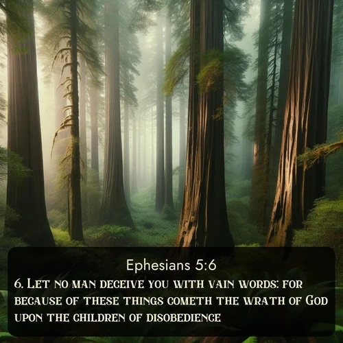 citation biblique : 6. Let no man deceive you with vain words: for because of these things cometh the wrath of God upon the children of disobedience.
 sur fond image nature