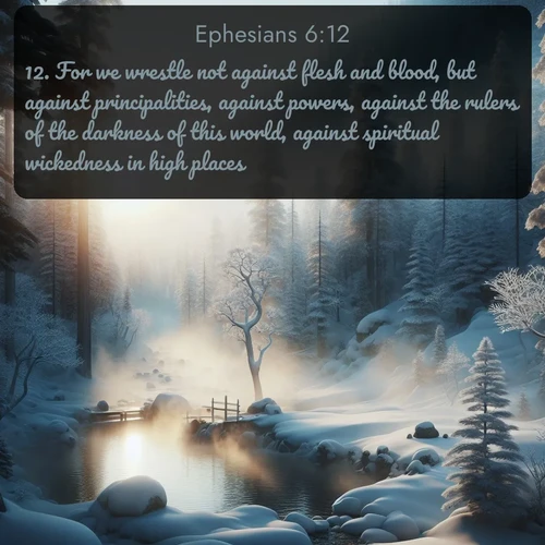 citation biblique : 12. For we wrestle not against flesh and blood, but against principalities, against powers, against the rulers of the darkness of this world, against spiritual wickedness in high places.
 sur fond image nature