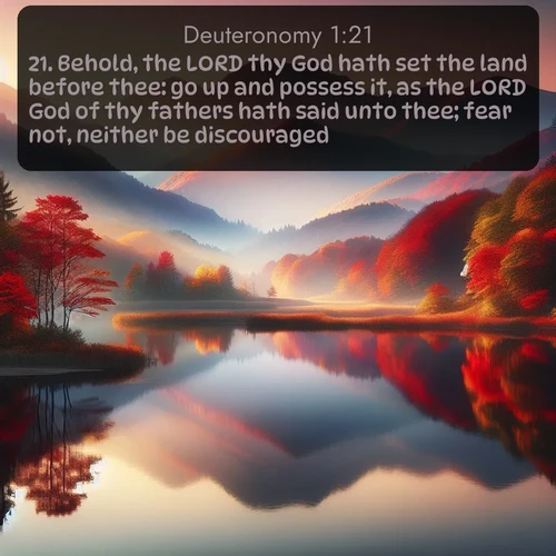 citation biblique : 21. Behold, the LORD thy God hath set the land before thee: go up and possess it, as the LORD God of thy fathers hath said unto thee; fear not, neither be discouraged.
 sur fond image nature
